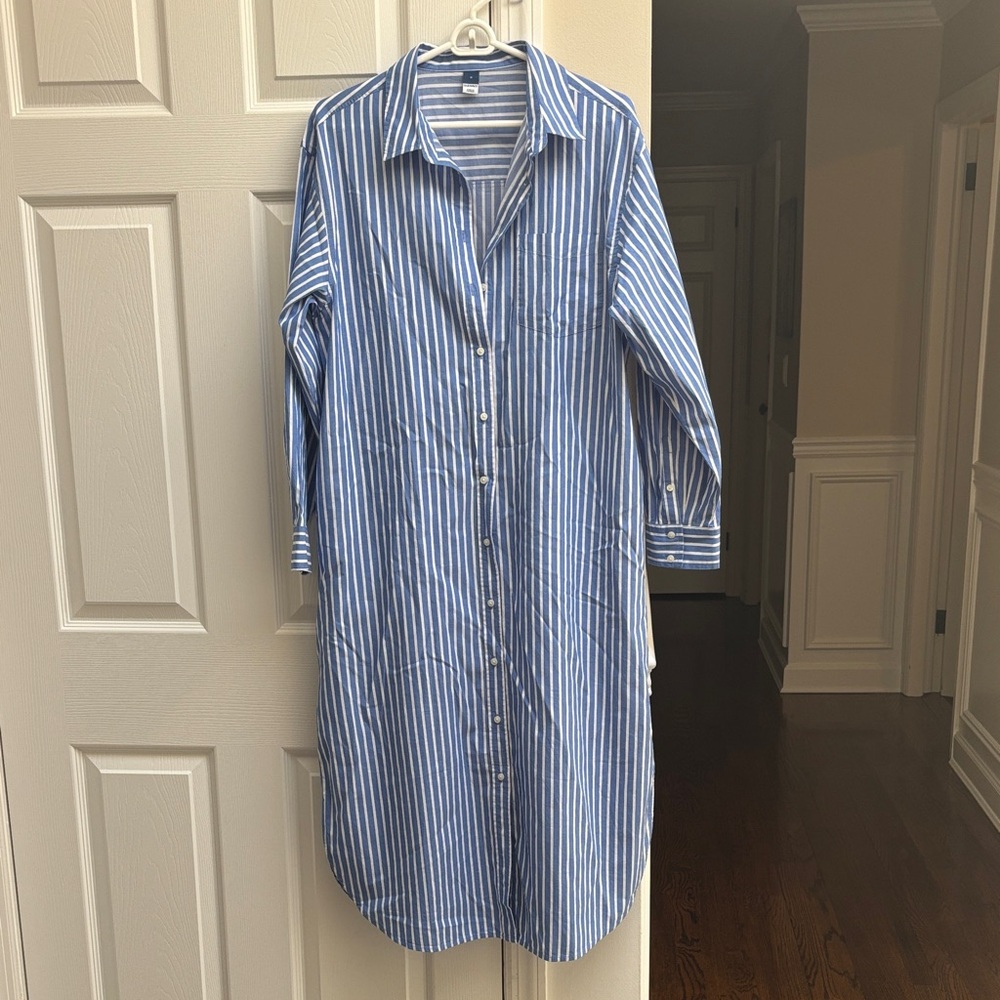 Old Navy Blue and White Striped Midi Shirt Dress